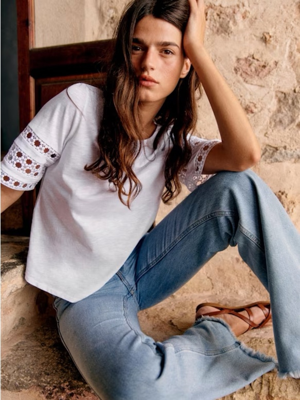 Sézane Hortense T-Shirt Petite Fleur Floral Lace Sleeve  Top